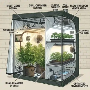 An illustration of a multi-zone large grow tent with separate propagation, veg, and flowering chambers.