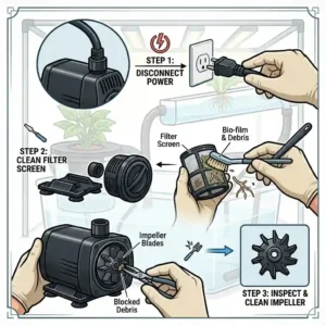 A diagram showing a hydroponic water pump lifting water to the high end of an NFT channel for continuous root irrigation.