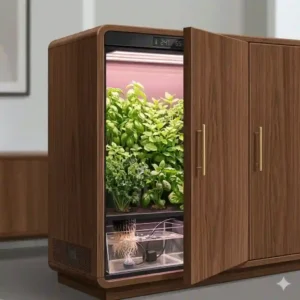 Discreet stealth indoor grow box designed to look like a sleek wooden storage cabinet.