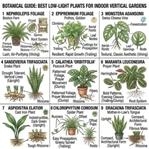 A botanical guide chart featuring the best low-light plants for a indoor green wall vertical garden, including monsteras, snake plants, and calatheas.
