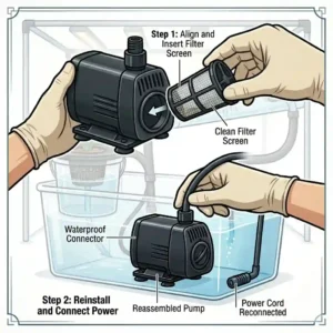 A step-by-step illustration showing how to remove and clean the filter intake of a hydroponic water pump to prevent clogs.