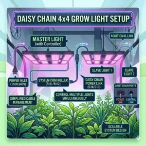 User guide showing how to daisy chain multiple units of a 4x4 grow light for expanded growing spaces.