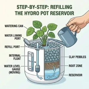 Graphic showing a watering can filling the water indicator gauge on hydro plant pots.