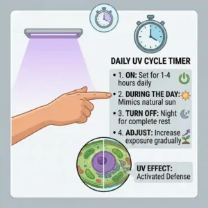 A visual schedule graphic showing the ideal daily exposure timer for a uv light for indoor plants.