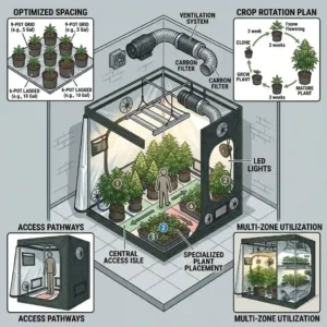A top-down illustration of an indoor garden layout showing optimal plant spacing inside a large grow tent.