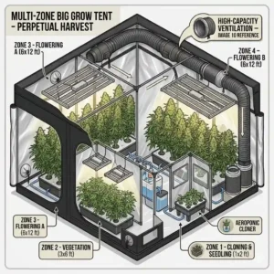 An interior view of a multi-room big grow tent separated into specific cloning, vegetation, and flowering chambers.