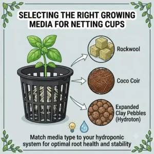 Illustration of netting cups holding different mediums like rockwool cubes, coco coir, and expanded clay pellets.