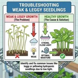 Illustration diagnosing common issues like leggy or yellowing hydroponic seedlings due to low light.