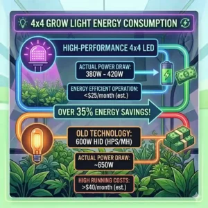 Infographic comparing the power consumption and energy efficiency of a modern LED 4x4 grow light.