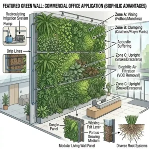 A large-scale commercial green wall vertical garden acting as a focal feature in a corporate office building reception area.