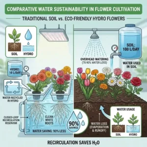 A graphic illustration comparing water savings of growing hydro flowers versus traditional soil gardening.