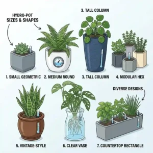A variety of geometric and round hydro plant pots displayed in different sizes and modern colors.