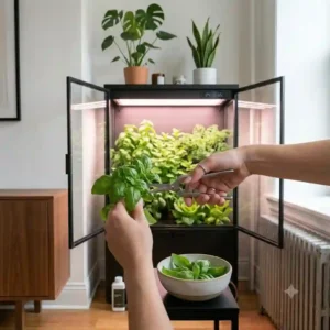 Close-up of hands harvesting fresh basil and microgreens from a thriving indoor grow box.