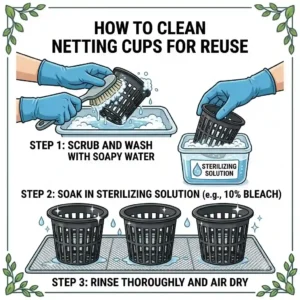 Step-by-step graphic showing how to wash and sterilize durable netting cups for reuse.