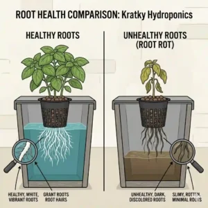 A side-by-side comparison illustration of healthy white roots versus root rot in a hydroponic pot system.