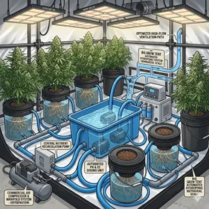 A commercial-scale automated hydroponic deep water culture system running smoothly inside a big grow tent.