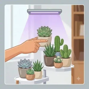 A colorful illustration of indoor succulents and cacti basking under a desktop uv light for indoor plants setup.