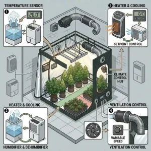 An illustration depicting climate control features like hygrometers, humidifiers, and heaters maintaining ideal conditions inside a large grow tent.