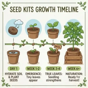 A detailed growth timeline graphic tracking development stages of seed kits from day one soil hydration to final plant maturation.