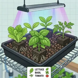 Variety of hydroponic seedlings including lettuce, basil, and tomato plants ready for cultivation.
