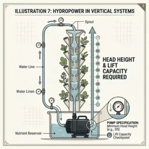 An illustration showing the head height and lift capacity required for a hydroponic water pump in a vertical tower garden.