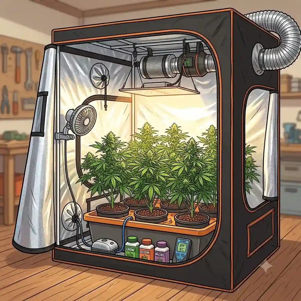 A complete and budget-friendly indoor hydroponic setup featuring an inexpensive grow tent with thriving green plants inside.