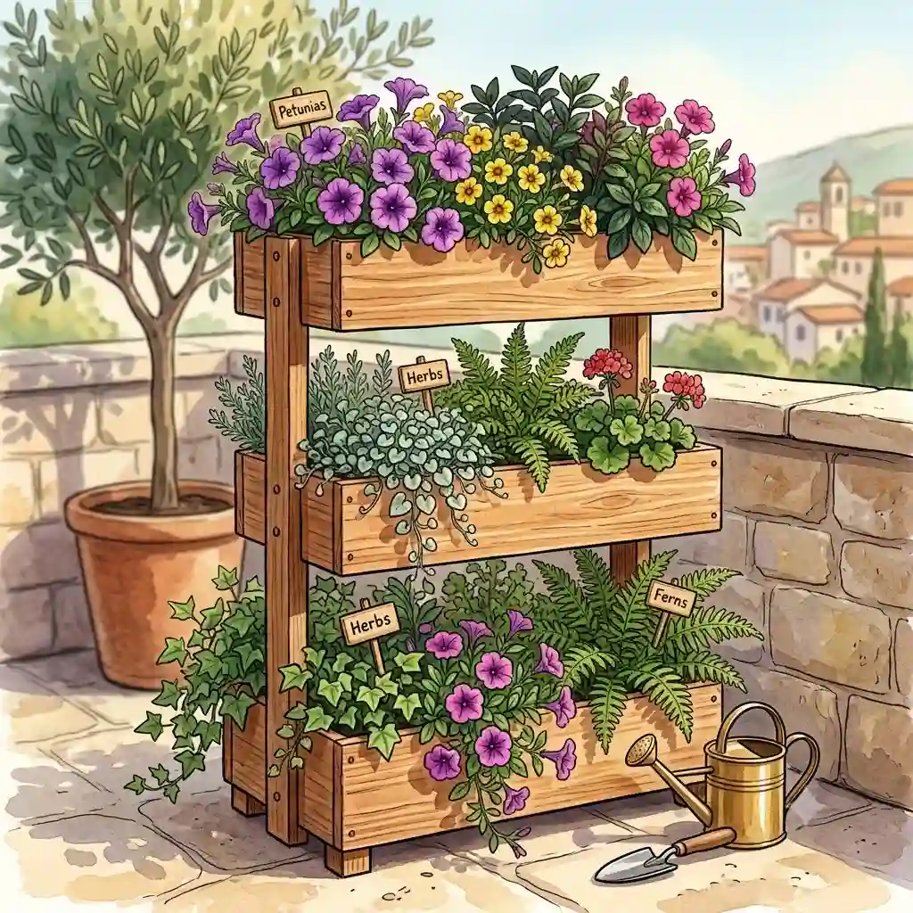 A modern three-tier planters styled on a sunny backyard patio with flowers.