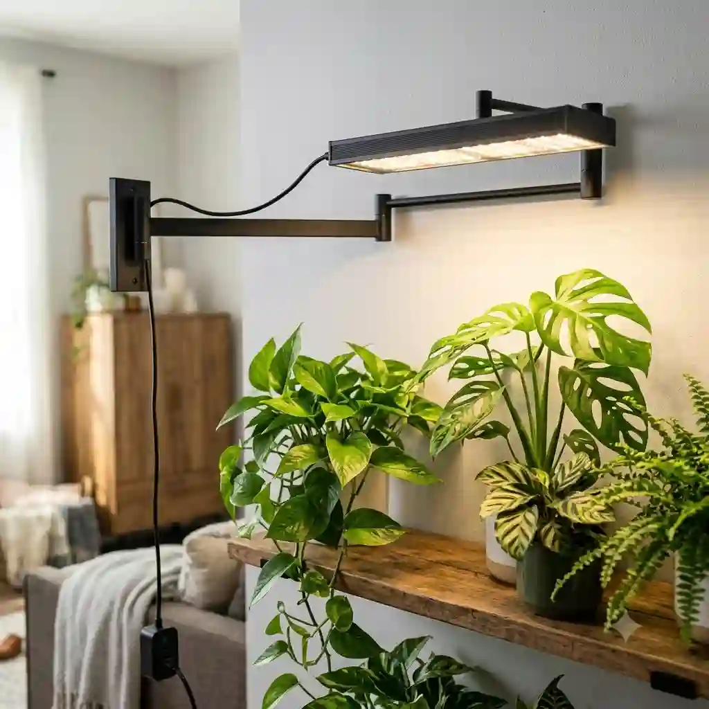 Sleek wall mounted grow light illuminating lush indoor house plants on a living room wall
