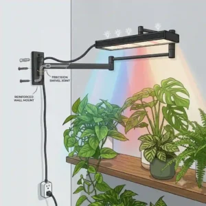 Close-up view of an adjustable wall mounted grow light bracket and LED panel