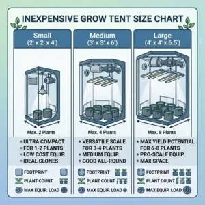 A dimension guide comparing different sizes of an inexpensive grow tent for small-scale home gardening.