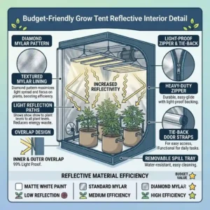 Close-up of the highly reflective diamond Mylar lining inside an inexpensive grow tent to maximize light efficiency.