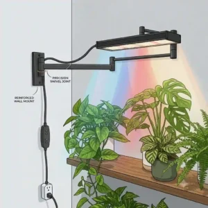 Full spectrum wall mounted grow light styled above a modern botanical plant shelf