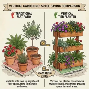 Space-saving comparison between traditional pots and vertical tier planters.