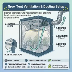 Diagram showing how to install carbon filters and inline fans in an inexpensive grow tent for proper airflow.