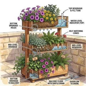 Cross-section illustration of the drainage and watering system in tier planters.