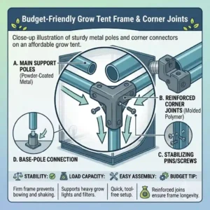 Close-up illustration of sturdy metal poles and corner connectors on an inexpensive grow tent.