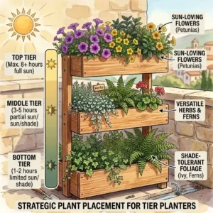 Infographic guide showing sun exposure zones for plants in tier planters.
