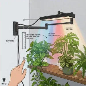 Diagram illustrating recommended hanging distance for a wall mounted grow light above tropical foliage