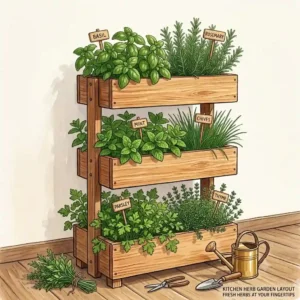 A colorful illustration of indoor kitchen herb tier planters near a window.