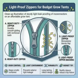 Detail of heavy-duty, light-proof zippers on an inexpensive grow tent to prevent light leaks during dark cycles.