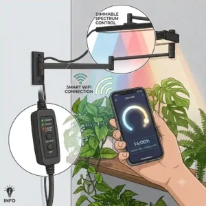Hand adjusting dimming settings on a smart wall mounted grow light via mobile app