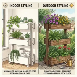 Styling comparison of minimalist indoor vs rugged outdoor tier planters.