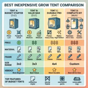 A chart comparing features and prices of top-rated inexpensive grow tent options for beginner indoor growers.