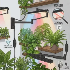 Multiple wall mounted grow lights highlighting a dense indoor vertical green wall