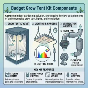 An overview of a complete, low-cost indoor growing kit showcasing an inexpensive grow tent alongside LED lights and ventilation gear.