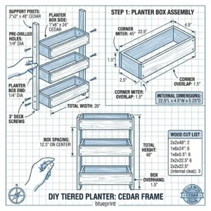 Technical blueprint showing dimensions for building DIY wooden tier planters.