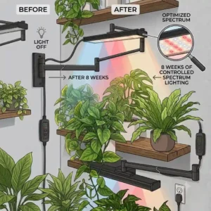 Before and after comparison of plant health under a full spectrum wall mounted grow light